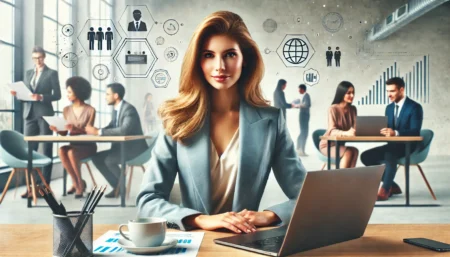 mulher confiante em um ambiente de trabalho liderando uma equipe.