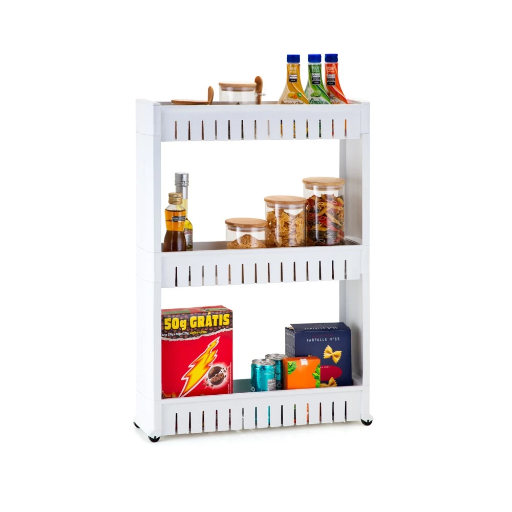 Prateleira multiuso com rodízios brancos, design moderno e funcional. Possui três níveis espaçosos para armazenamento e alças superiores para fácil transporte. Ideal para banheiros, cozinhas, escritórios ou áreas de serviço. Compacta, prática e resistente, feita de plástico de alta qualidade